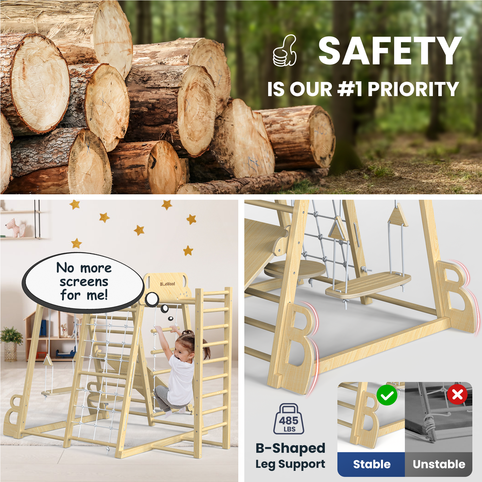 Safari Land - Juegos de columpios para gimnasios de jungla de interior BlueWood® *Tono de madera natural